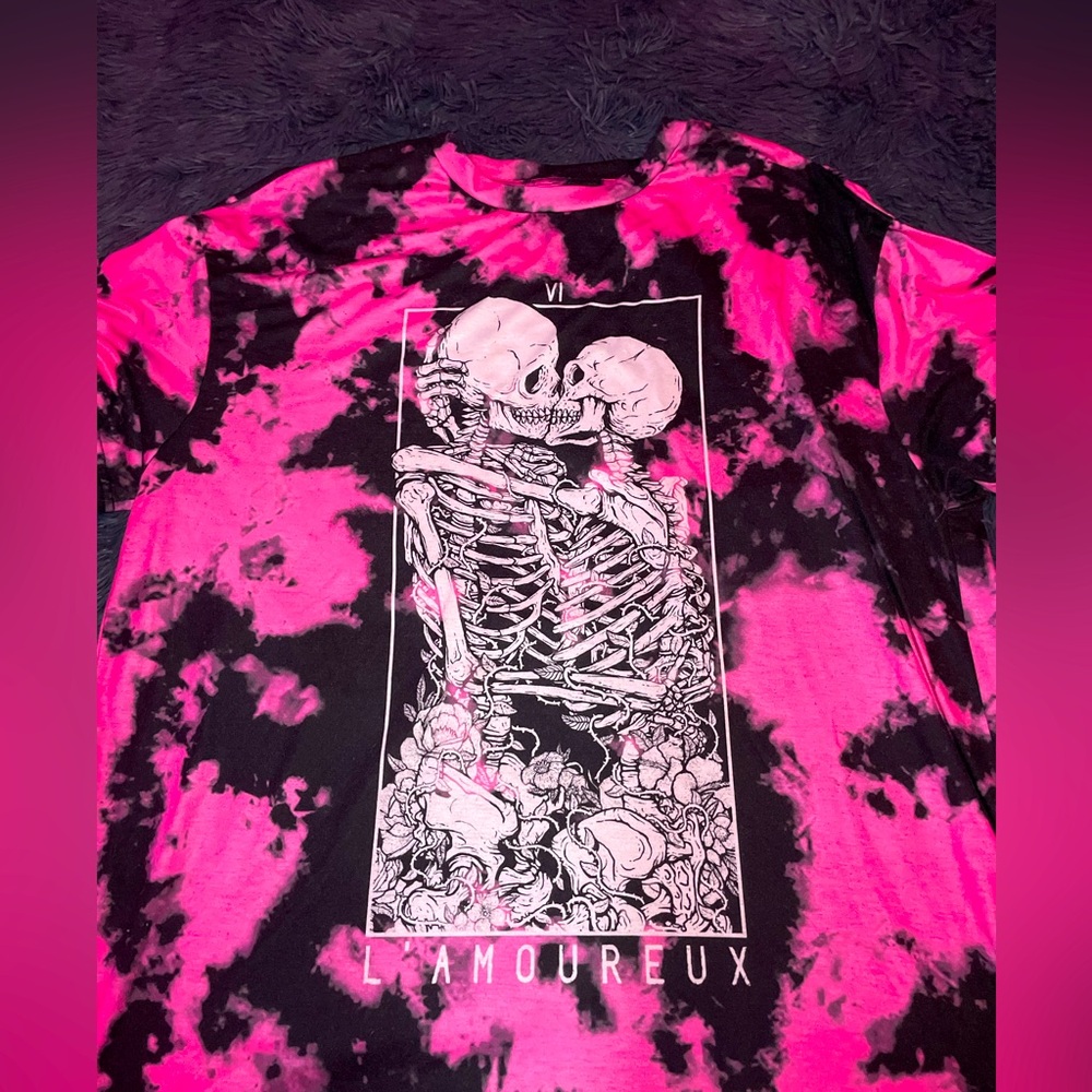 Hot pink and black tie die skele shirt